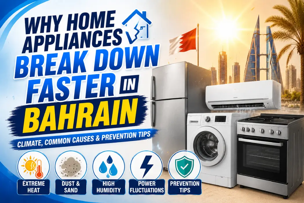 Dust-covered AC condenser unit in a Bahrain home