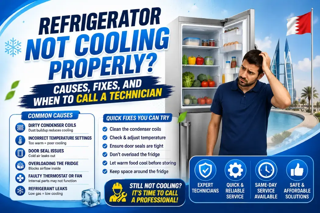Technician inspecting a refrigerator not cooling properly in a Bahrain kitchen