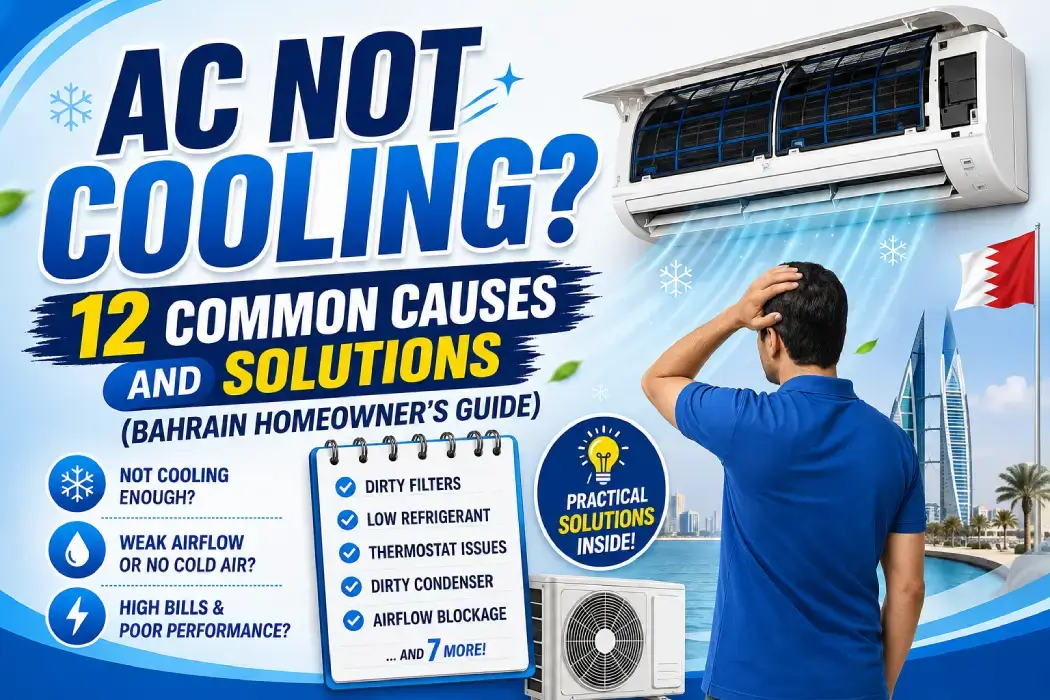 Technician inspecting a split AC unit not cooling in a Bahrain home